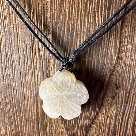 Jewelry - Small Moonstone Flower Pendant Necklace on Black Rope, Subtle Blue Flash